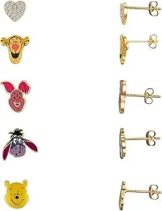 Disney Winnie The Pooh Gold Cz & Enamel Heart 5-Pair Stud Earrings Set For Women, 14kt Gold Flash Plated, Cute Character Gift