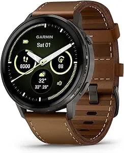Garmin Venu® 4, 45mm, Advanced Health And Fitness GPS Smartwatch,Bright Colorful Display,Built-In Flashlight,12 Days Of Battery Life, Slate With Black Silicone And Brown Leather Band - 2 Bands