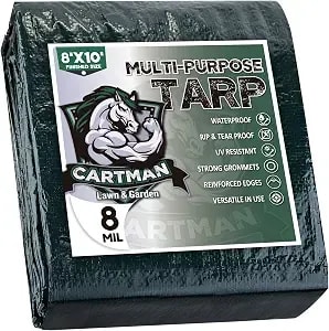 Cartman 8x10ft Multipurpose Waterproof Poly Tarp Cover 8 Mil, Green - Reinforced Edges, Metal Grommets Every 36in, 10x10 Weave, Fits Camping, Emergency Shelter, Outdoor Gear & Cargo Protection