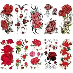 10 Sheet Sexy Red Rose Temporary Tattoo For Women Arm Thigh, Large Realistic Rose Flower Fake Tattoo Sticker Adult Girl, Big Peony Floral Skeleton Hand Temp Tatoo Leg Back Chest Waist Body Art Makeup