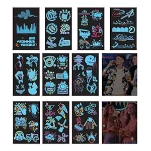 56 Designs Glow In The Dark Tattoos (10 Sheets) - Blue Luminescent Temporary Tattoos, Glow Party Supplies For Adult Parties, Black Light Events & Favors