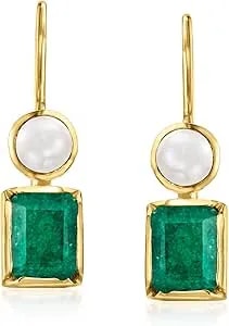 Ross-Simons 4.5-5mm Cultured Pearl And 3.90 Ct. T.W. Emerald Drop Earrings In 18kt Gold Over Sterling