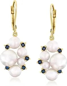 Ross-Simons 3.5-8mm Cultured Pearl And .30 Ct. T.W. Sapphire Drop Earrings In 18kt Gold Over Sterling