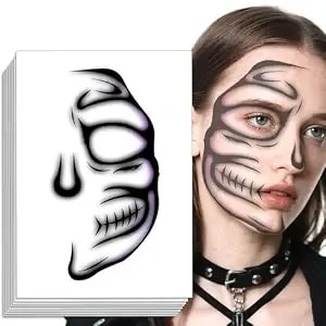 Halloween Powder Skull Half Face Face Tattoo, Face Temporary Tattoos Face Temporary Tattoo Sticker, Halloween Makeup Tattoo Stickers For Women, Men, Kids, Festival, Cosplay, Halloween 8pcs