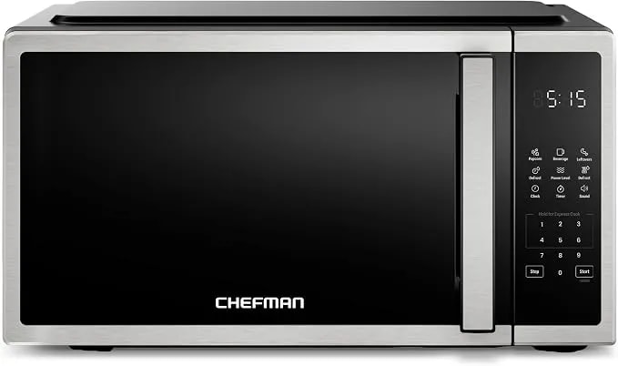 Chefman Compact Countertop Microwave Oven 0.7 Cu. Ft., 700w With 10 Power Levels, 3 Cooking Presets With One-Touch Express Cook, 2 Defrost Settings, Child Safety Lock, & Mute Button – Stainless Steel