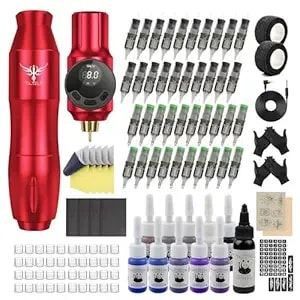 Tatelf Wireless Tattoo Kit For Beginners, Complete Rotary Pen Machine Set With 2000mah Battery, 40 Needles, 11 Inks & Practice Skin, Cordless Tattoo Gun For Home Studio Body Art (Red)