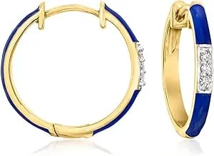 Ross-Simons Navy-Blue Enamel And Diamond Hoop Earrings In 18kt Gold Over Sterling
