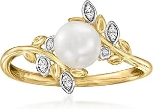 Ross-Simons 6-6.5mm Cultured Pearl Leaf Ring With Diamonds In 14kt Yellow Gold