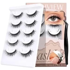 Lashview Self Adhesive Eyelashes Natural Look, Pre Glued Wispy False Lashes No Glue Required, Faux Mink Eyelashes 5 Pairs（cv204)