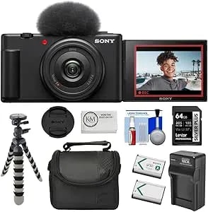 Sony Zv-1f Vlogging Camera - Black Bundle With 64gb Memory Card + Cleaning Cloth + 8" Flexipod + Spare Battery & Charger + Camera Bag + 5-Piece Cleaning Kit (8 Items)