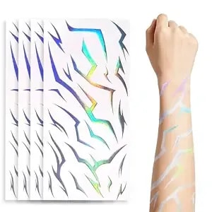 100 Demon Pattern Temporary Tattoos, 4 Sheets Iridescent Waterproof Laser Arms & Face Stickers, Hunter Cosplay Fake Tattoos For Halloween, Parties (Laser Rainbow)