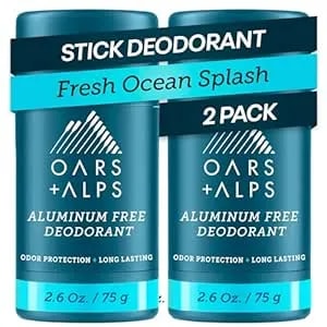 Oars + Alps Aluminum Free Deodorant For Men - Long Lasting Odor Protection, Clear & Free Of White Residue, Anti-Chafing Smooth Glide, Dermatologist Tested, Fresh Ocean Splash, 2pk, 2.6oz