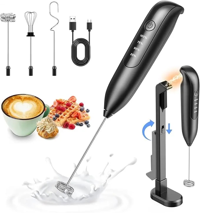 Electric Milk Frother: Led&Wireless Charging, 3 Heads 3 Speeds - Coffee Handheld Frother With 1800mah 6-Hour Battery - Magnetic Wireless Charging Stand, 3-Speed For Latte - No Dead Battery