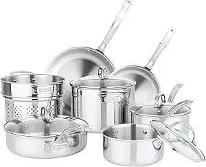 Viking Artisan 3-Ply Stainless Steel 11-Piece Cookware Set With Vented Glass Lids, Fry Pans, Saucepans, Saute Pan, Stock Pot With Strainer Insert, Oven Safe Up To 600f