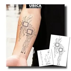 Tattoo Tech, 2 Sheets Large Circuit Design Semi Permanent Tattoo, Black Minimalist Line Realistic Temporary Tattoo For Adult, Lasts 7-15 Days Fake Tattoos Stickers, Waterproof & Non-Reflective