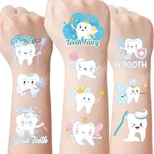 Dental Tooth Temporary Tattoos Stickers - 8 Sheets 280 Pcs Cute Cartoon Teeth Fairy Gifts One'S First Teeth Tattoo Sticker For Kids Funny Dentist Party Decorations Hospital Doctor Prizes Rewards