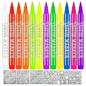 Temporary Tattoo Markers For Skin, 12 Fluorescent Colors Face Body Paint Pen Kits With 6 Tattoo Stencils ,Skin-Safe, Washable,Halloween Festival Makeup Accessory Glow Party Supplies