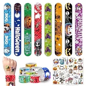 Halloween Temporary Tattoos And Slap Bracelets Bulk, 40pcs Trick Or Treat Halloween Party Favors Gifts, Pumpkin Boo Ghost Goodie Bag Fillers Stuffers Party Supplies