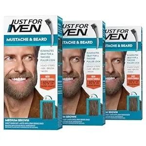 Just For Men Mustache & Beard, Beard Coloring For Gray Hair With Brush, With Keratin Biotin Aloe And Coconut Oil For Healthy Facial Hair - Medium Brown, M-35, Pack Of 3