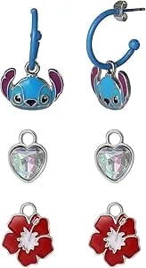 Stitch Blue Hoop Earrings With 3 Interchangeable Charms, Disney Earrings For Women Official License