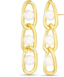 Nautica Link Chain Simulated Pearl Dangle Earrings For Women 14k Yellow Gold Plated Alloy