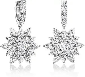 Ross-Simons Rhodium-Plated Floral Hoop Drop Earrings With 8.30 Ct. T.W. Czs