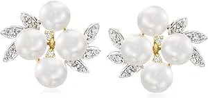 Ross-Simons 5.5-6mm Cultured Pearl Cluster Earrings With Diamond Accents In 14kt Yellow Gold
