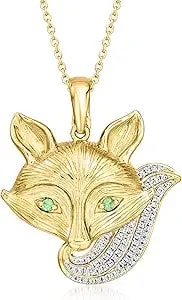 Ross-Simons 0.20 Ct. T.W. Diamond Fox Pendant Necklace With Tsavorites In 18kt Gold Over Sterling. 18 Inches