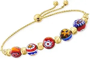 Ross-Simons Italian Multicolored Murano Glass Floral Bead Bolo Bracelet In 18kt Gold Over Sterling