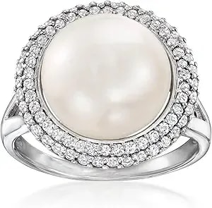 Ross-Simons 12-12.5mm Cultured Pearl And .90 Ct. T.W. White Topaz Ring In Sterling Silver