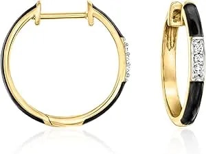Ross-Simons Black Enamel And Diamond Hoop Earrings In 18kt Gold Over Sterling