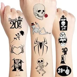96 Pcs 30th Birthday Rip Death To My 20s Temporary Tattoos Sticker Thirtieth My 30th Funeral Black Theme Birthday Party Decorations Supplies Favors Tattoo For Women Men Funny Gifts Prizes Halloween