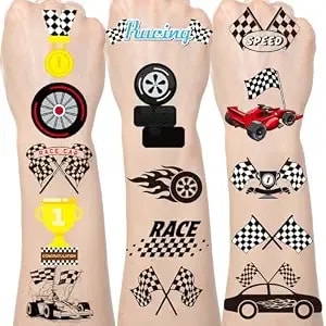 Race Car Temporary Tattoos - 200+ Race Car Party Favors Checkered Flag Fake Tattoos Stickers Gifts For Boys Black White Racing Car Birthday Decorations Supplies Prizes Rewards