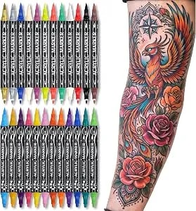Ijiang Temporary Tattoo Markers For Skin, 24-Count Colors Dual-End Acrylic Body Markers Pens, Skin-Safe Waterproof Tattoo Pen Kit, Quick Dry & Long Lasting Face Painting Kit For Adults Teens Kids