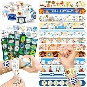 96 Pcs Greek Mythology Party Favors Set – 72 Pre-Cut Temporary Tattoos & 24 Slap Bracelets, Perfect For Cultural Festivals & Travel-Inspired Celebrations