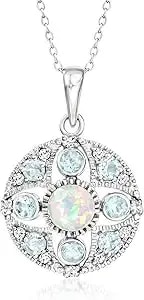 Ross-Simons Opal And 1.10 Ct. T.W. Sky Blue Topaz Pendant Necklace With .20 Ct. T.W. White Zircons In Sterling Silver. 18 Inches