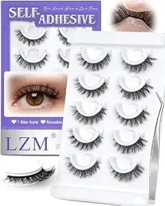Lzm Self Adhesive Eyelashes Natural Look Preglued Glueless No Glue Needed 12mm Wispy Strip Glueless Lashes, 5 Pairs Reusable Stick On Lashes With Tweezers By Lzm(879)