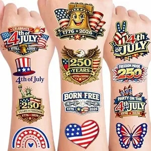 250th Anniversary Temporary Tattoos - 60pcs 4th Of July - Patriotic Usa 1776–2026 Birthday Tattoos For Adults & Teens, Fourth Of July Independence Day Party Favors Red White Blue American Celebration
