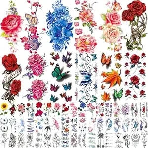 82 Sheets Flowers Temporary Tattoos Stickers, Roses, Butterflies And Multi-Colored Mixed Style Body Art Temporary Tattoos For Women, Girls Or Kids