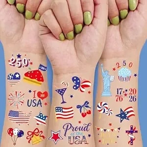 Temporary Tattoos For 250th Anniversary 3 Sheets, Us 250 Stickers 87 Pcs For Teens And Adult, Patriotic Decorations For 4th Of July