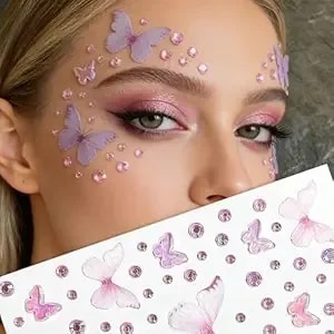 Pink Butterfly Face Gems Stickers - Summer Self-Adhesive Rhinestone Face Jewels For Eyes, Cheeks, Body Nail,Glitter Face Stickers Face Gems For Women Makeup Decoration Party Supplies(Pink)