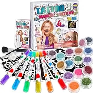 Tattoo Kit For Kids Ages 8-12, Funkidz 6 Double Tips Sparkle Brush Body Art Markers For Skin Plus Temporary Glitter Tattoo Kits With 106 Cute Tattoo Stencils Tattoo Glues Cool Presents For Tween Girls