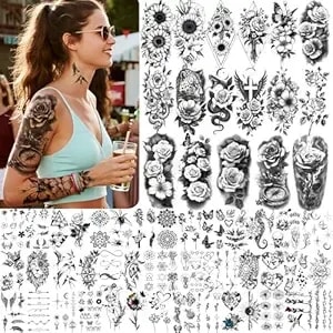 Flower Temporary Tattoos For Women, 92 Sheets Large Realistic Sleeve Tattoos, Waterproof Long-Lasting Rose Tattoos Stickers, Adult Fake Tattoos For Thigh Arm Body Art