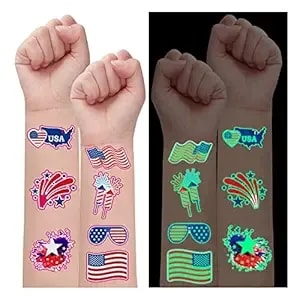 70pcs 4th Of July Decorations Temporary Tattoos，Red White And Blue Party Supplies，Fourth Of July Glow In The Dark Sticker Patriotic Party Decorations Favors Supplies Independence Day Memorial Day Decorations