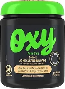Oxy 3-In-1 Acne Facial Cleansing Pads, Maximum Strength 2% Salicylic Acid Stubborn Acne Treatment, Controls Oil, Unclogs Pores, Smooths & Brightens Skin, Dermatologist Recommended, 90 Pads