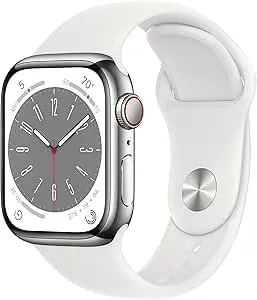 Apple Watch Series 8 (GPS + Cellular, 41mm) Silver Stainless Steel Case With White Sport Band, M/L (Renewed Premium)