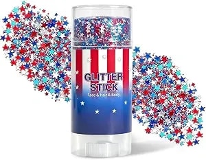 Red White And Blue Patriotic Glitter Stick With Star Sequins,For 4th Of July Waterproof Face Hair Body Sparkle Makeup For Women, Independence Day 250th Anniversary (1pc)