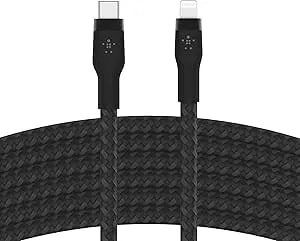 Belkin Boostcharge Pro Flex Braided USB Type C To Lightning Cable (3M/10ft), Mfi Certified 20W Fast Charging PD Power Delivery For Iphone 14, Iphone 13, 12, 11, Pro, Max, Mini, SE, Ipad - Black