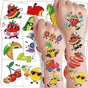 216 Pcs Glitter Fruit Temporary Tattoos For Kids – Pre-Cut Waterproof Summer Tattoo Stickers, Value Pack For Birthday Party Favors, Beach Party Supplies, Classroom Rewards & Goodie Bag Fillers