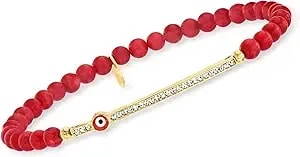 Ross-Simons 4mm Simulated Red Coral Bead And .10 Ct. T.W. Cz Evil Eye Stretch Bracelet With Enamel In 18kt Gold Over Sterling